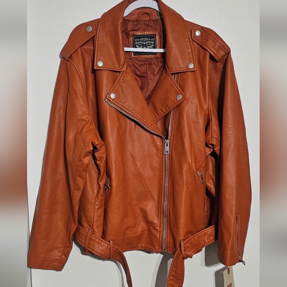 Levi’s Womens Faux Leather Belted Motorcycle Jacket Orange Size 4X NWT